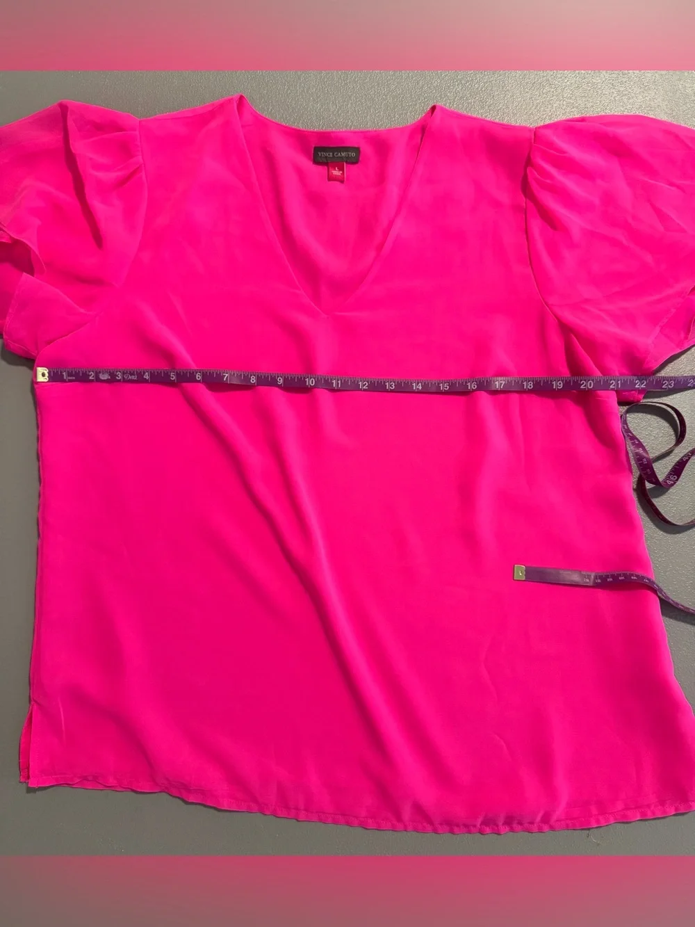 Vince Camuto Hot Pink V-Neck Ruffle Sheer Short Sleeve Blouse L - Picture 9 of 14